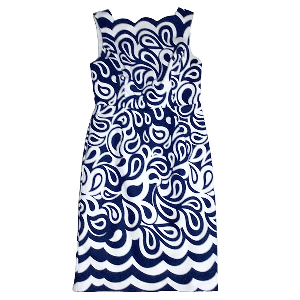 Elizabeth McKay Blue White Abstract Sheath Dress Sleeveless Scalloped Size 0